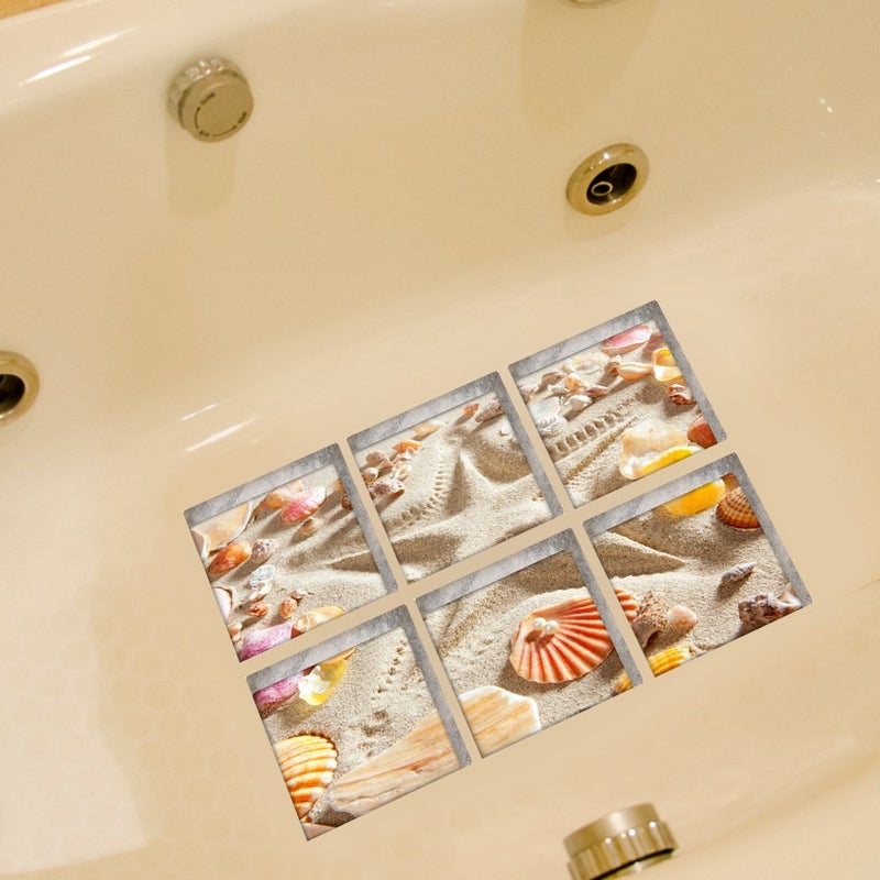 ChezMax Bath Treads Stickers Beach Pattern Square 3D Adhesive Anti Slip Tub Tattoos Safety Decals Mat Waterproof Shower Tub Sticker Bathtub Appliques for Bath Pools Home Decor 6 Pcs 5.9" X 5.9" - Image 4